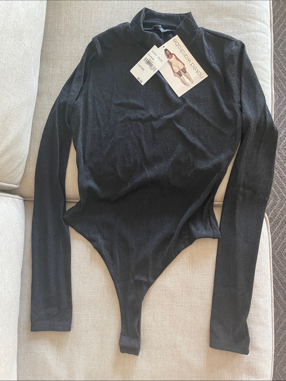 Naked Wardrobe NWT Shiny Black Long Sleeve Bodysuit Mock Turtle Neck Size L